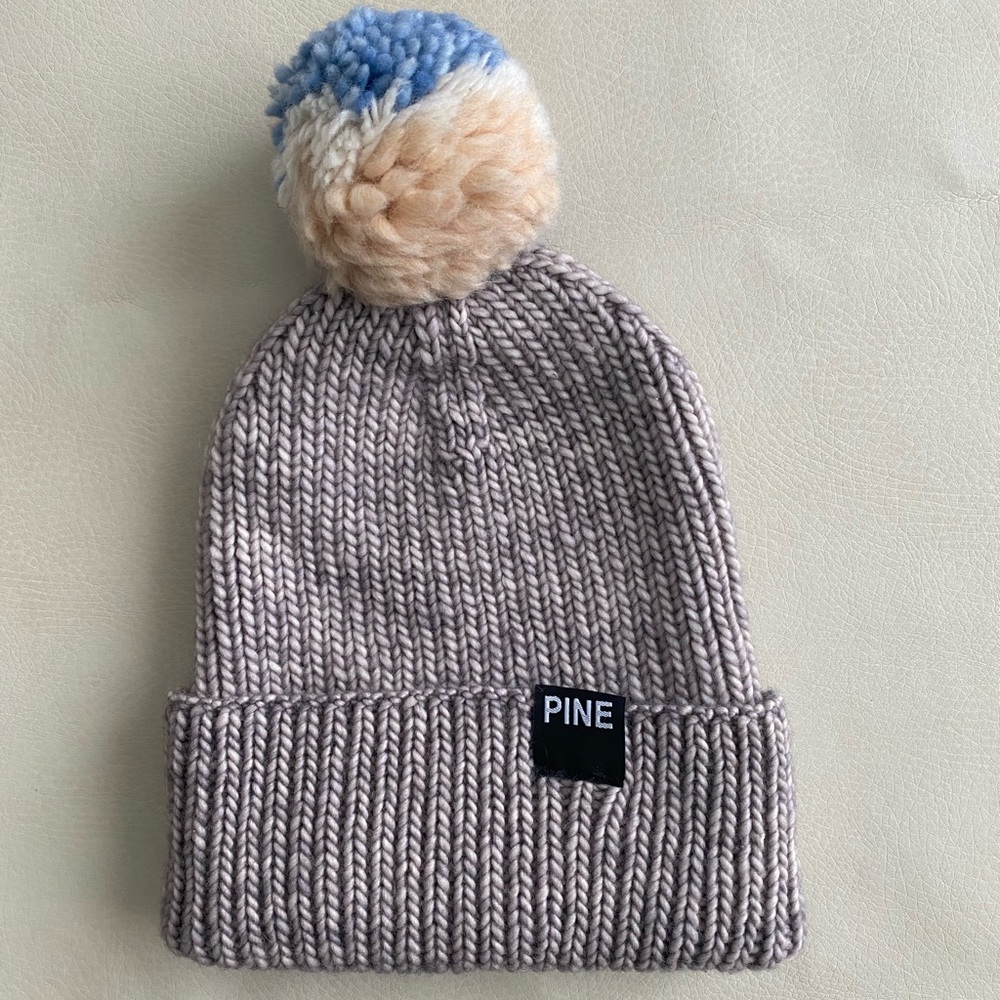 Lavender hand knit beanie, colorful pom pom
